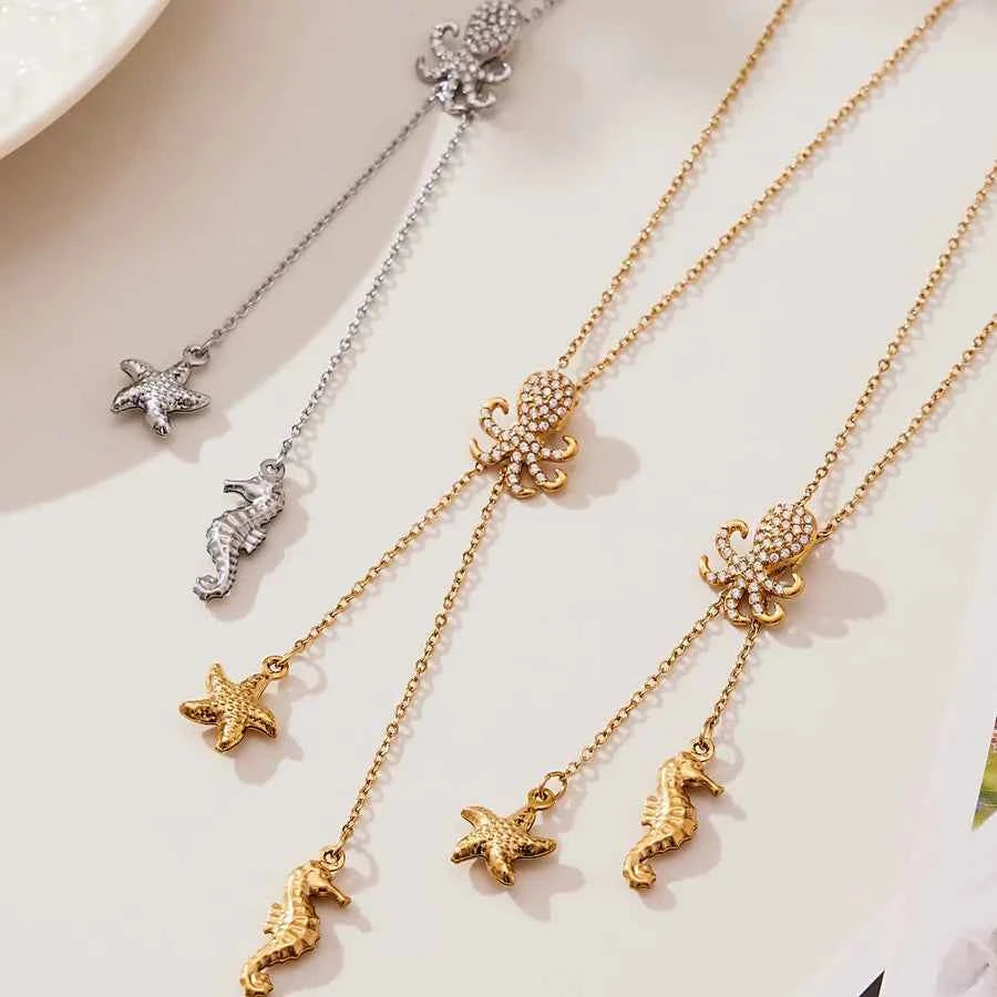 Gold Starfish Y Necklace with Zircon Accents