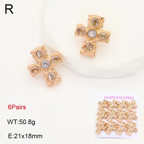 Gold Cross Zircon Earrings – Titanium Steel 21*18mm White Diamond Rose Gold 6 Pairs Card