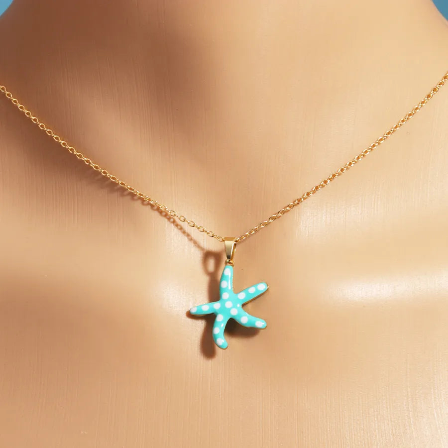 Gold Enamel Starfish Pendant Necklace Starfish Blue