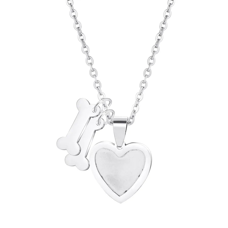 Gold Plated Heart & Bone Pet Name Necklace Dog Bone Heart Photo Steel Color 2