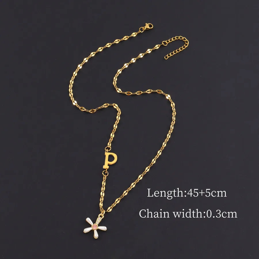 Gold Initial Flower Pendant Necklace for Women Gold p