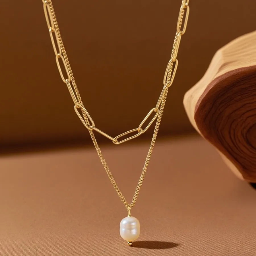 Double Layer Titanium Steel Heart Necklace X06007-Double Layer Pearl-Necklace- Gold