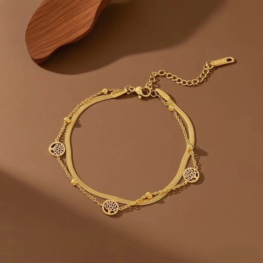 Elegant 18K Gold Plated Titanium Steel Bracelet S02183-Double Layer Tree of Life-Bracelet- Gold