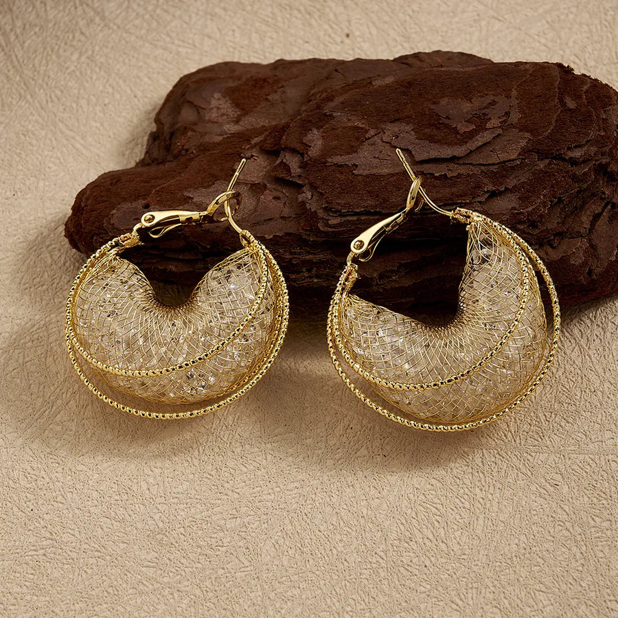 18K Gold PVD C-Shaped Rhinestone Hoop Earrings Needle Thickness: 0.8mm E (30x14mm) 1 Pair Package