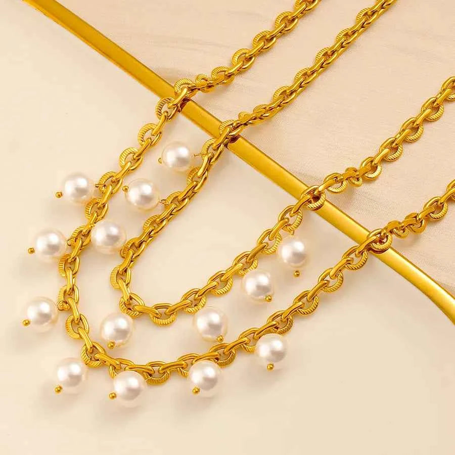 Gold Geometric Tassel Pearl Pendant Necklace