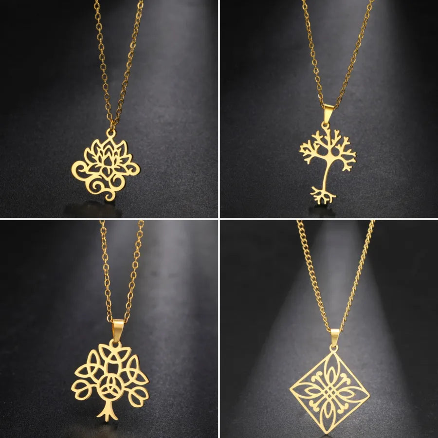 Stainless Steel Celtic Tree & Lotus Pendant Necklace