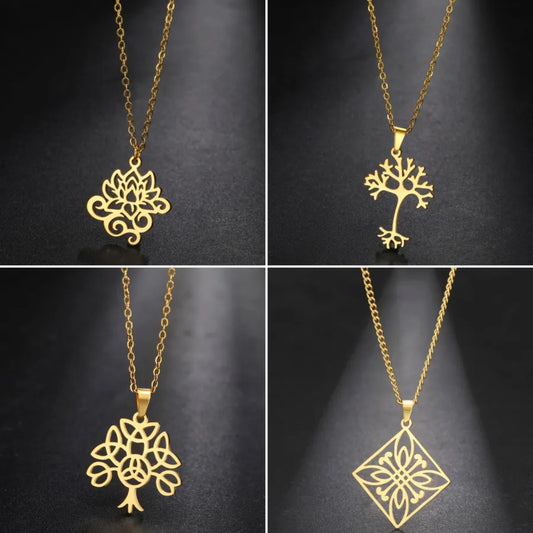 Stainless Steel Celtic Tree & Lotus Pendant Necklace