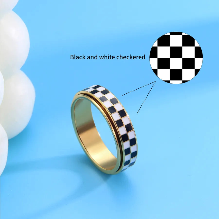 Retro Titanium Steel Geometric Couple Ring Chessboard Rotating Ring 6mm Gold Colors Q1