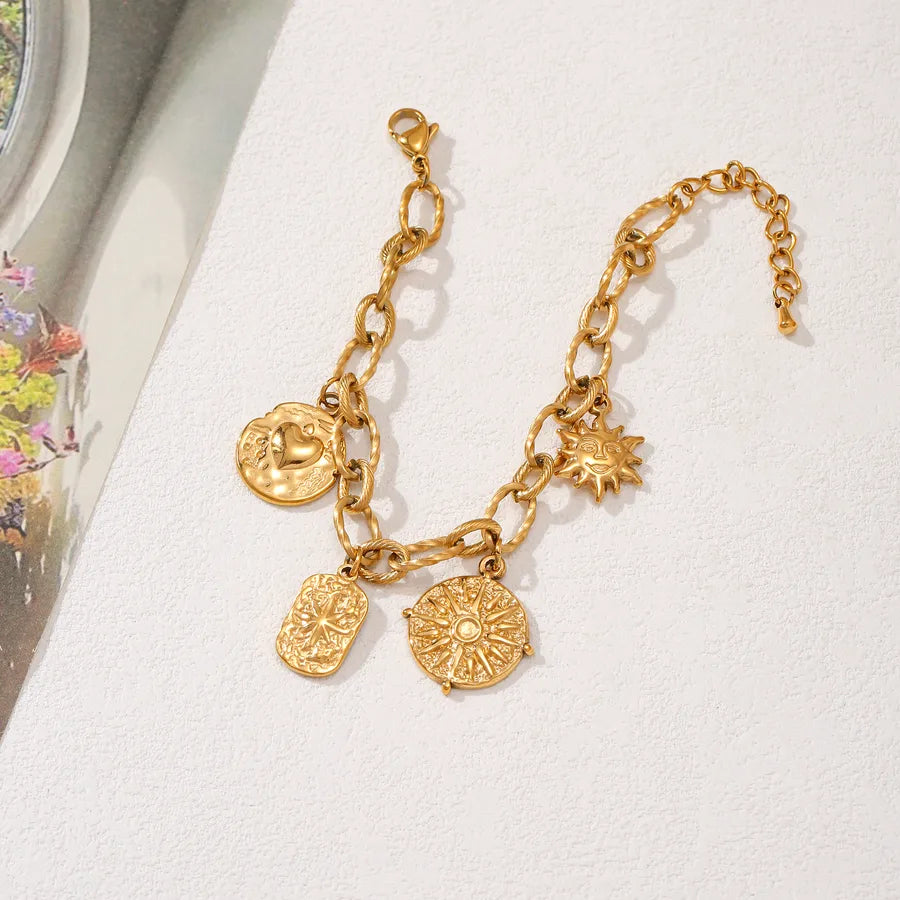 Gold Sun Face Pendant Bracelet for Women Gold