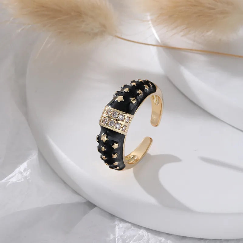 Colorful Star Titanium Steel Adjustable Ring Oil Drip Pentagram Open Ring Black Sold Individually