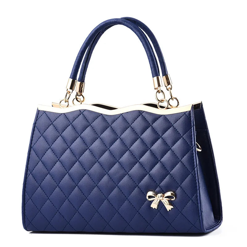 Embroidered Diamond Grid PU Shoulder Bag Dark Blue