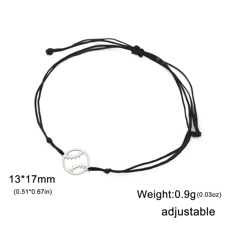Stainless Steel Sports Pendant Bracelet Steel Color Baseball-Black Rope