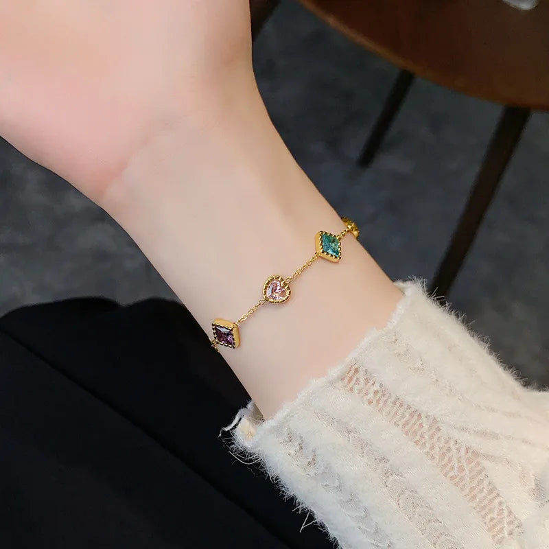 18K Gold Plated Glass Stone Stainless Bracelet