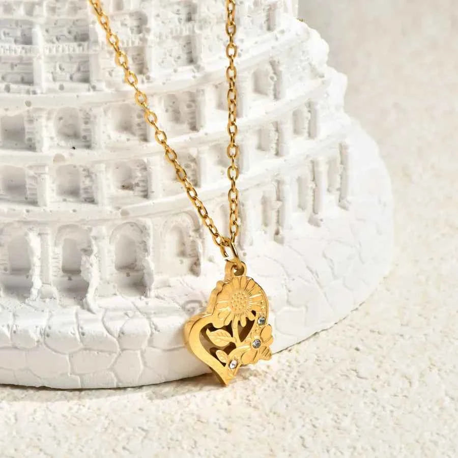 Gold-Plated Heart & Flower Pendant Necklace