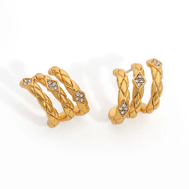 18K Gold Plated Triple Hoop Rhinestone Earrings