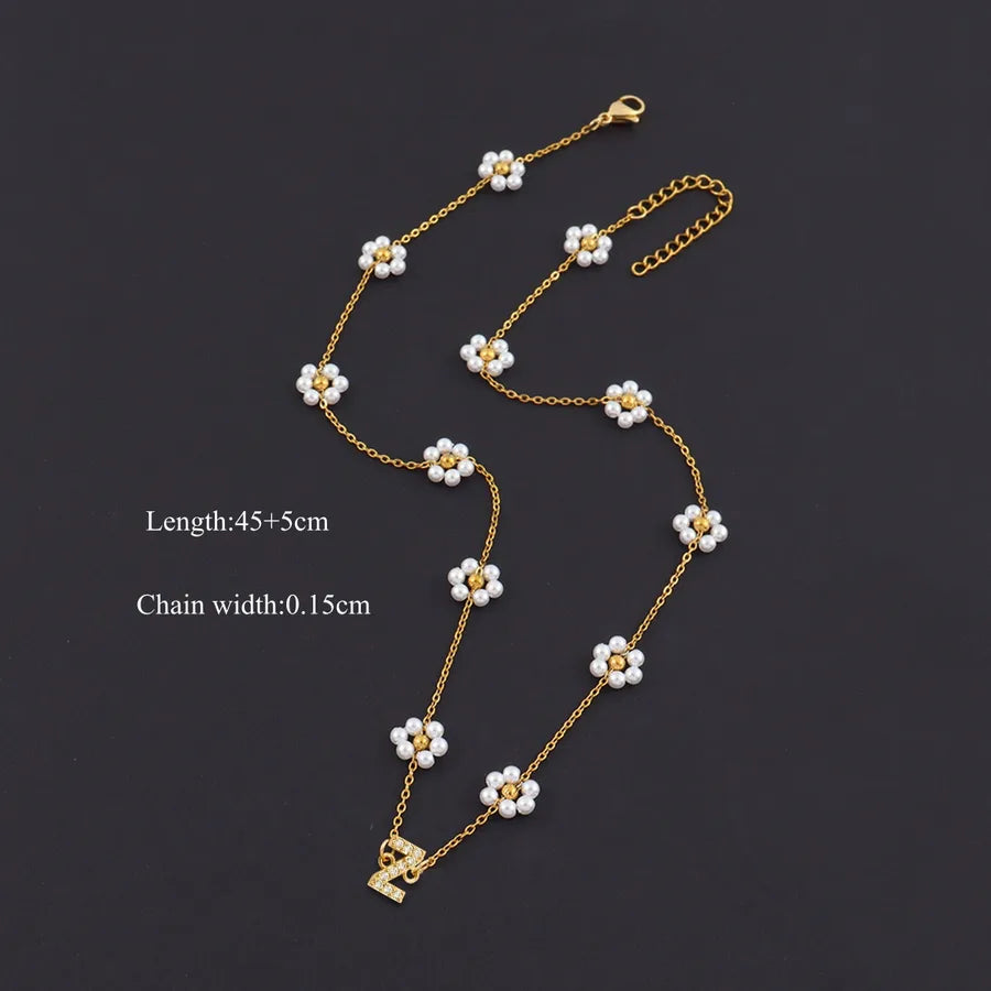 18K Gold Plated Letter Pendant Pearl Necklace Gold Z