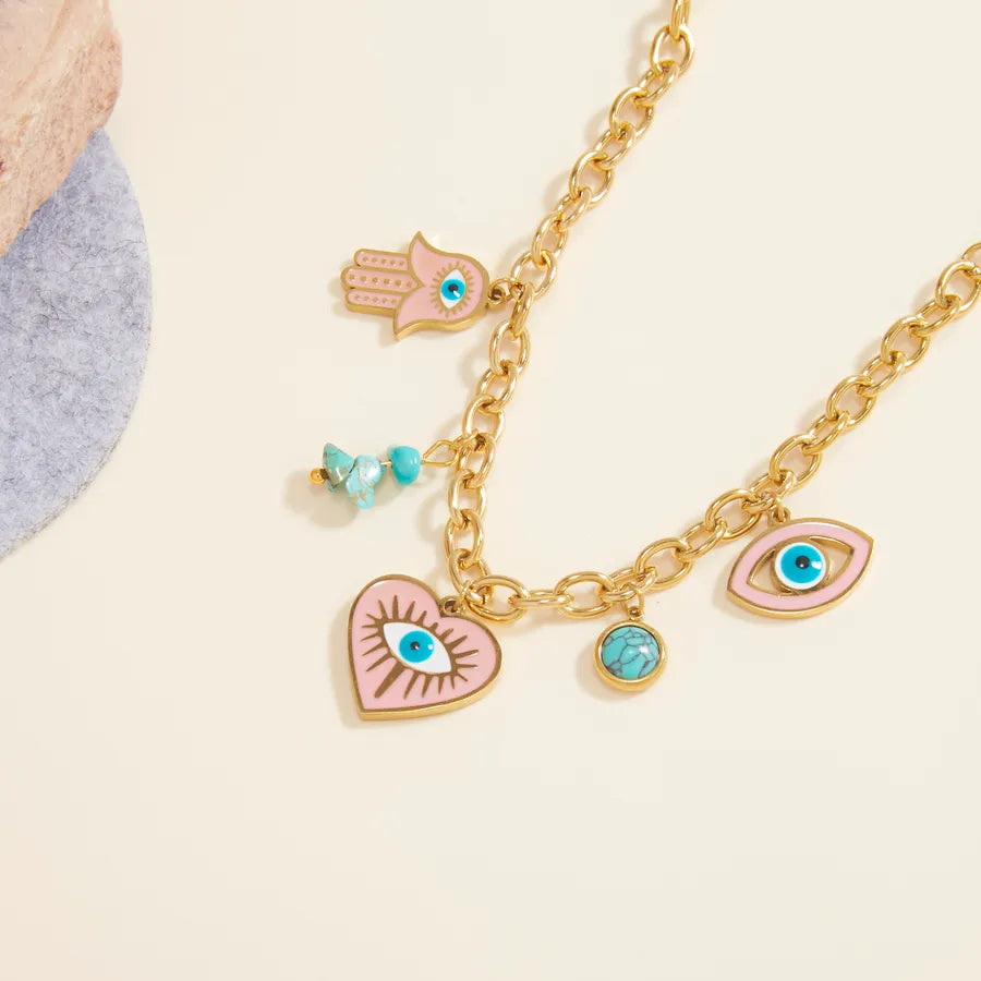 Gold Pink Devil's Eye Heart Bracelet