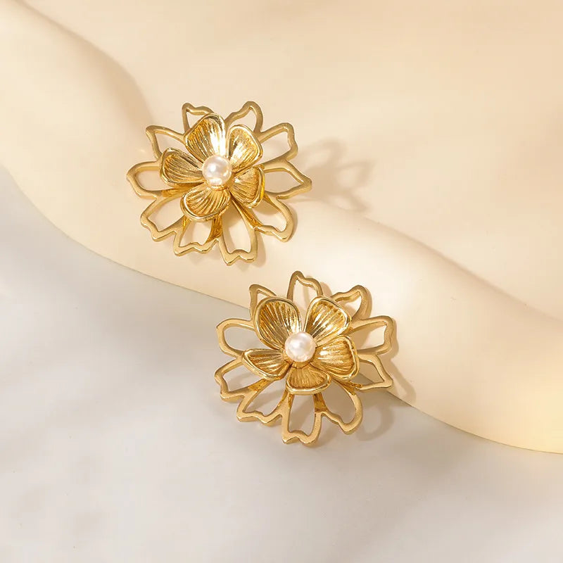 Luxury Pearl Flower Stainless Steel Earrings Hollow Flowers [Stainless Steel]