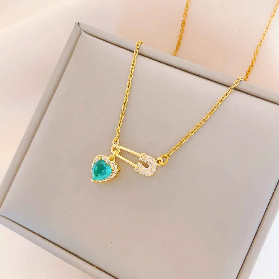 Titanium Steel Heart Pin Pendant Necklace XL380 Green Love Pin Necklace