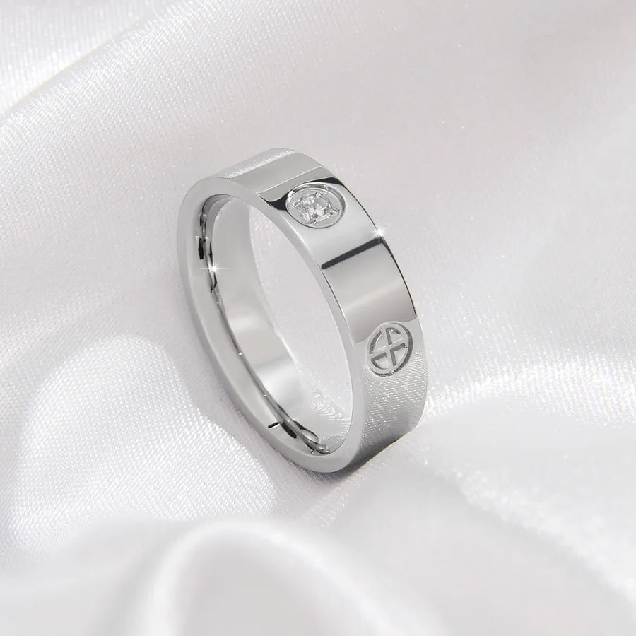 Retro Titanium Steel Geometric Couple Ring Cross Diamond Ring Silver Z2
