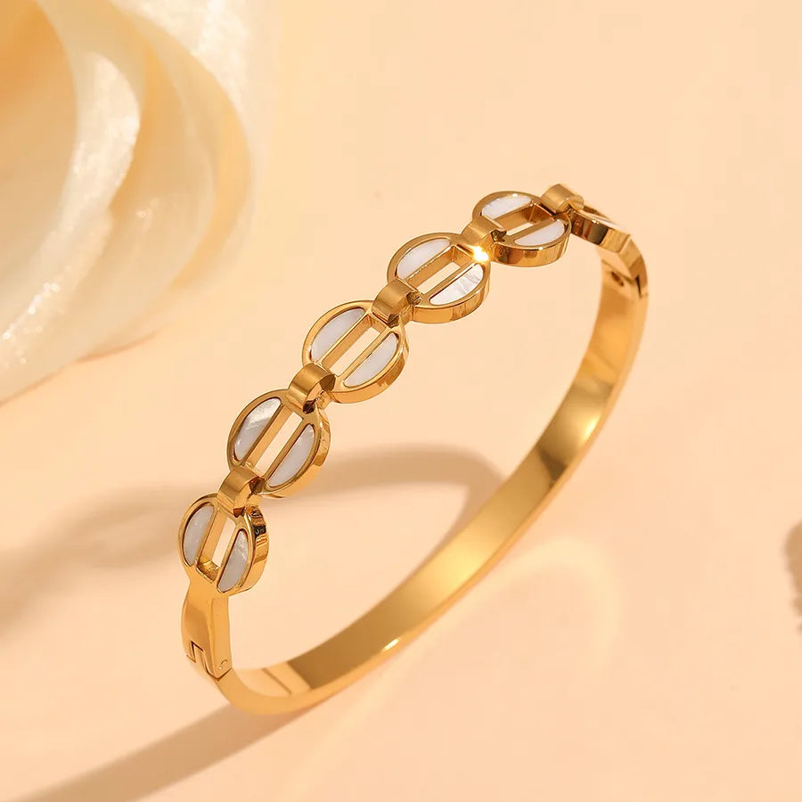 18K Gold PVD Letter & Flower Stainless Steel Bangle Bracelet#12