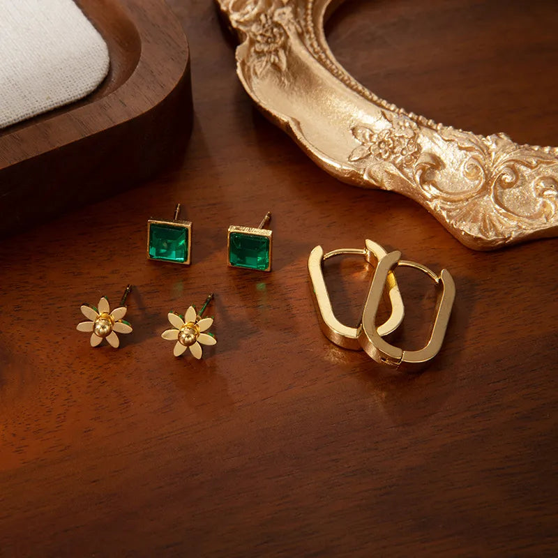 Green Zirconia Oval Titanium Steel Stud Earrings