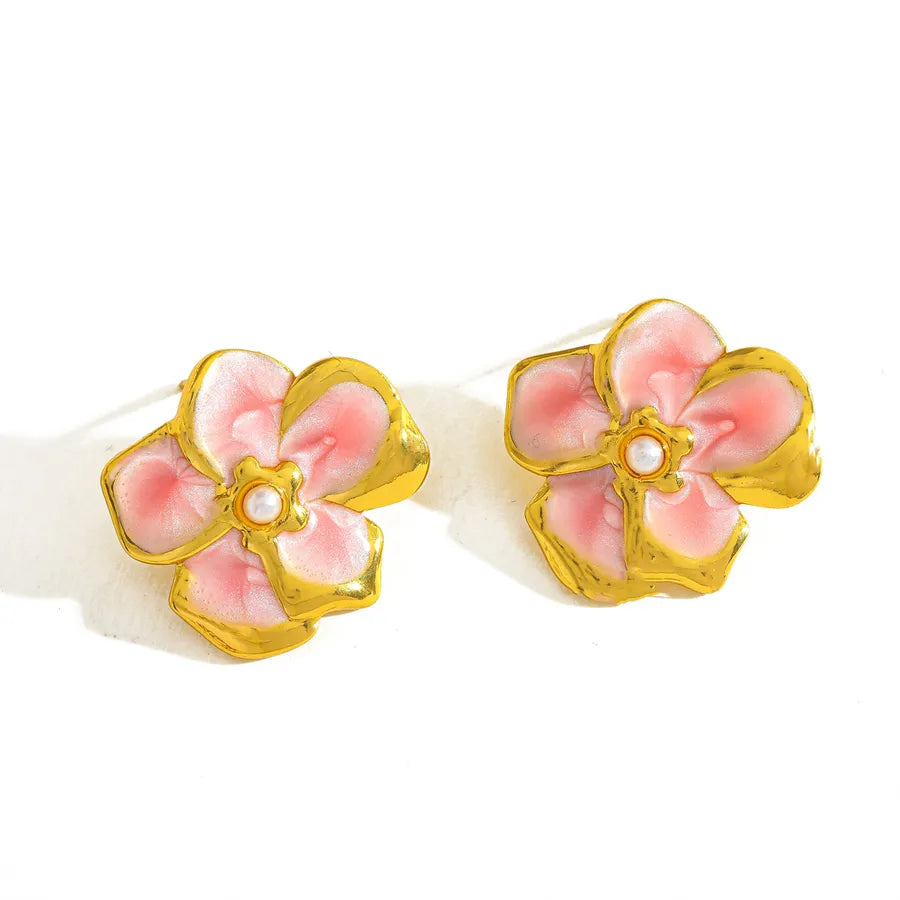 18K Gold Plated Pearl Flower Stud Earrings 20.35mm*17.32mm-Pink