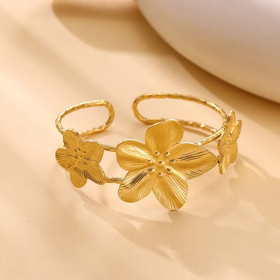 Gold Flower Open Bangle Bracelet for Women