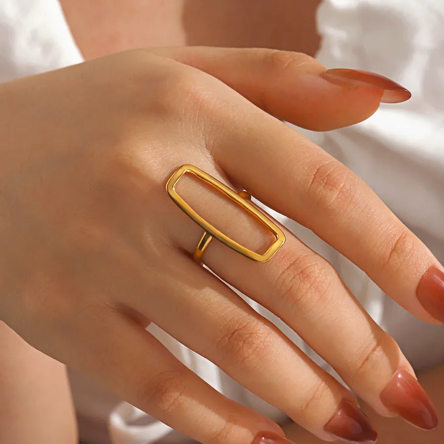 18K Gold Plated Hollow Rectangle Ring for Women