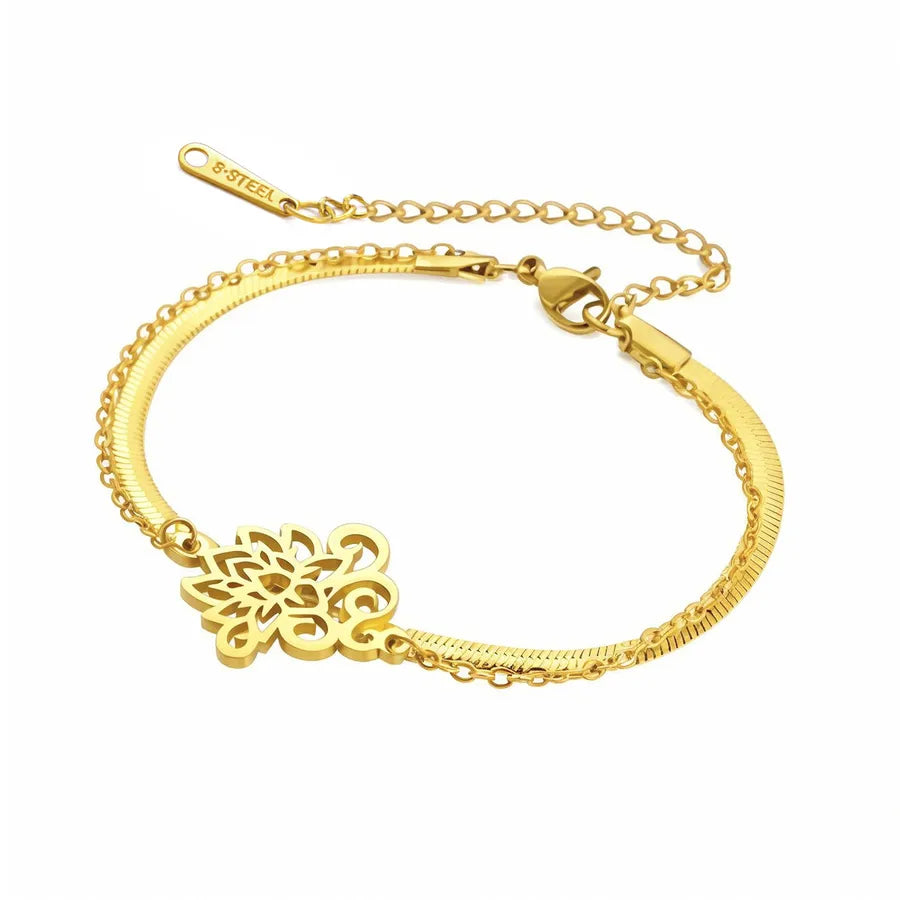 Retro Lotus Pendant Gold-Plated Bracelet Gold -Double Layer Snake Chain