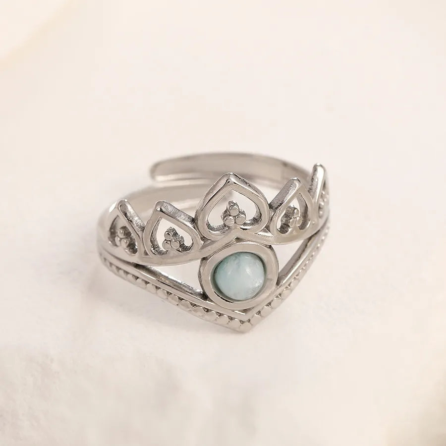 Adjustable Gold Crown Ring in Stainless Steel Adjustable Opening Steel color love green stone