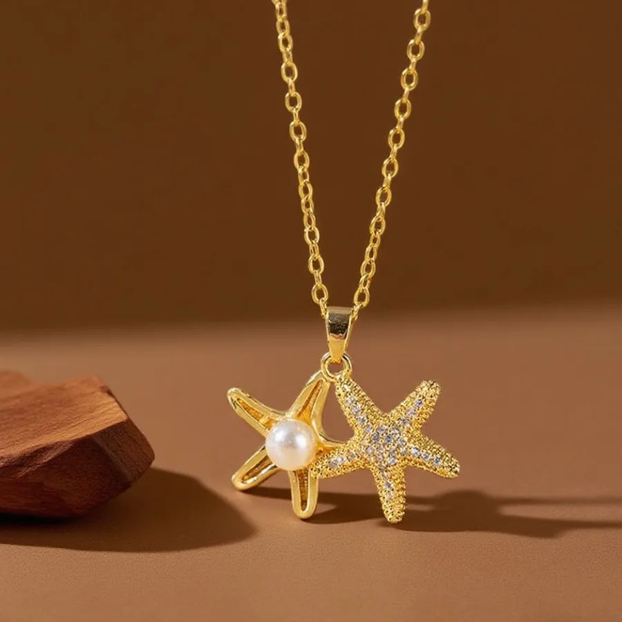 Geometric Titanium Steel Necklace for Women X08132 [Copper Pendant] Pearl Starfish Necklace - Gold