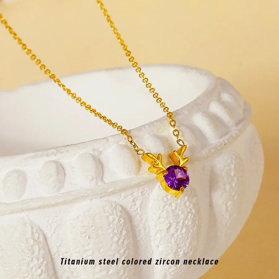 Elegant Deer Pendant Necklace – PVD Gold Stainless Steel 316 Titanium Steel Gold Purple Stone N0015G-4