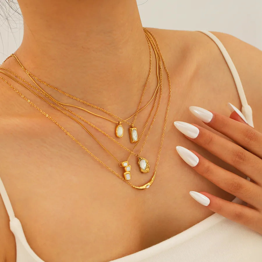 Gold Geometric Pendant Necklace with Shell & Zircon