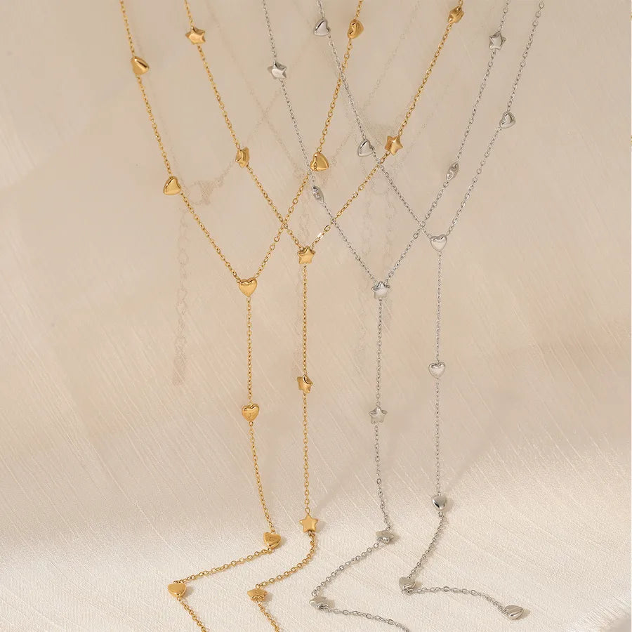 Gold Y-Shaped Heart & Star Pendant Necklace