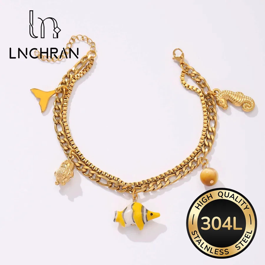 Gold Stainless Steel Bracelet with Fish & Seahorse