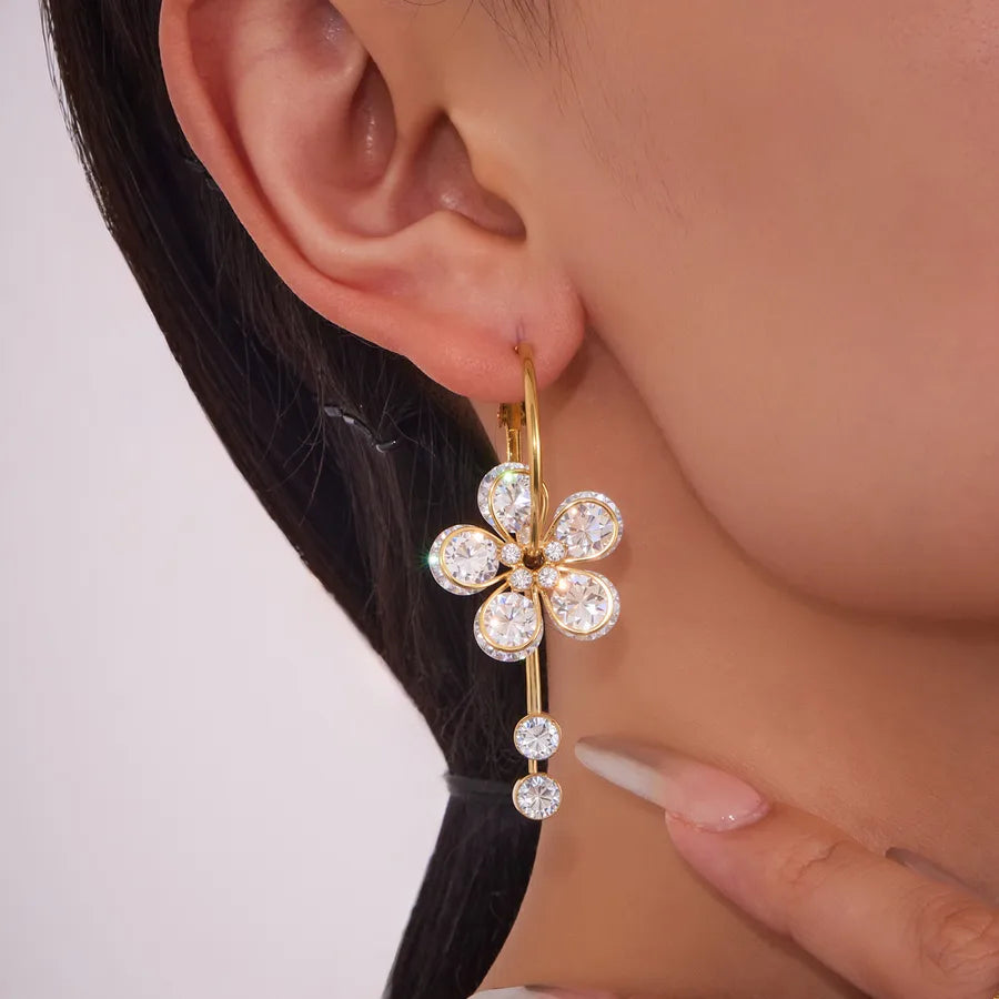 Elegant Zircon Flower Tassel Earrings in 18K Gold