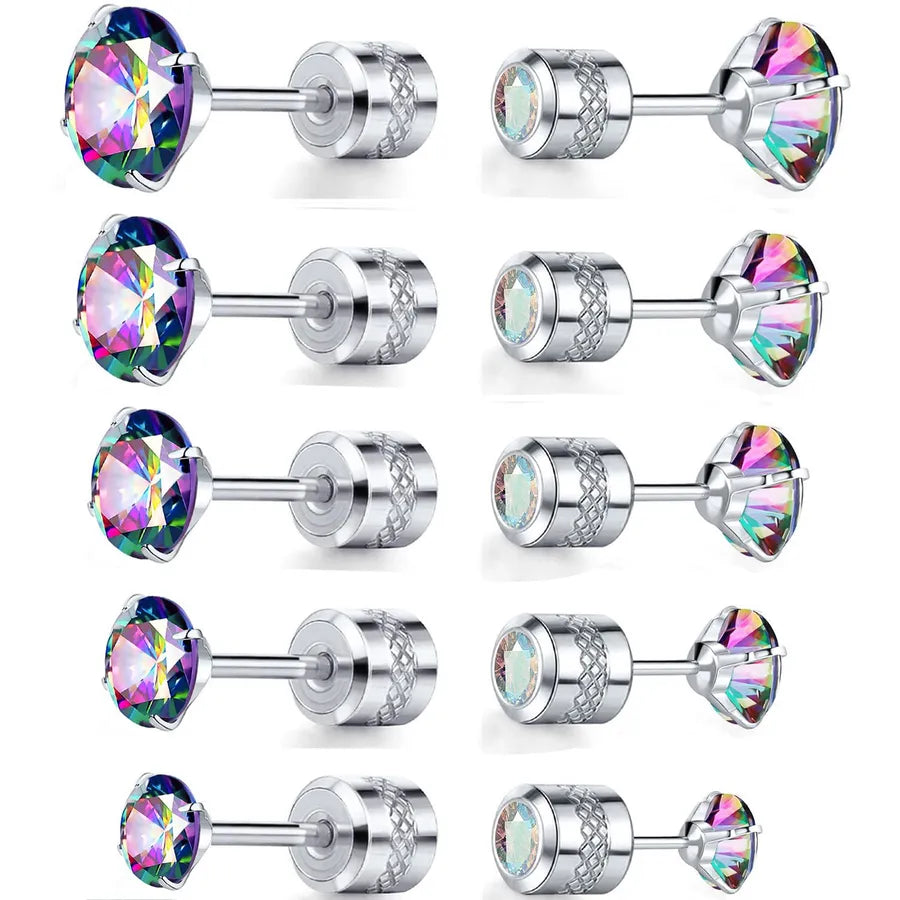 Geometric Stainless Steel Ear Studs Colorful Earrings Set of 5 Pairs 2mm–6mm