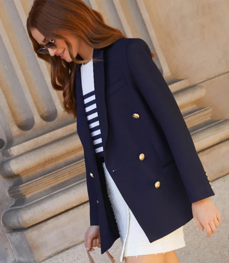 Elegant Floral Slim Fit Blazer for Women PJ0273 Dark Blue