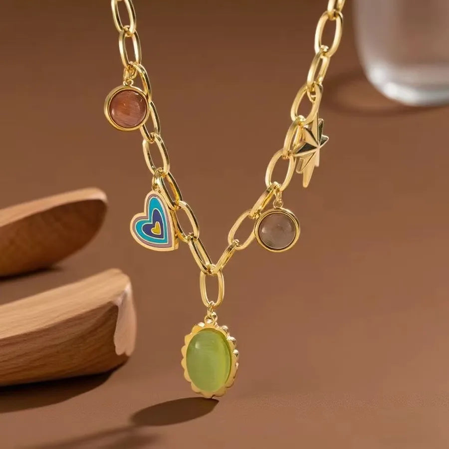 Titanium Steel Heart Pendant Necklace X01101-Heart-Shaped Colorful Star Necklace- Gold