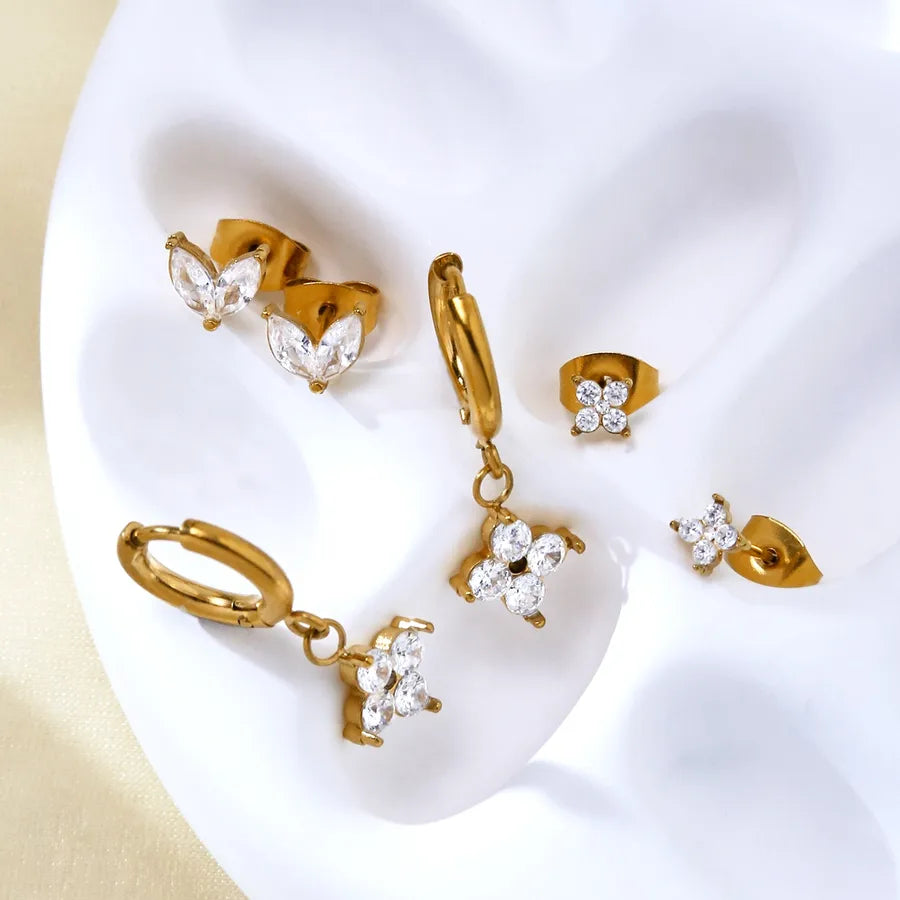 18K Gold Geometric Flower Zircon Stud Earrings