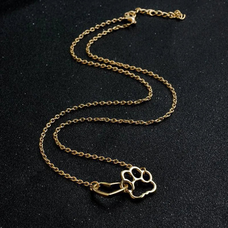 Heart & Cat Paw Gold Stainless Steel Necklace