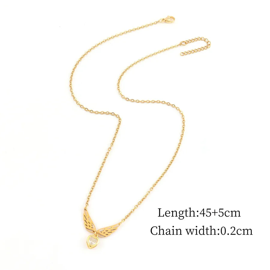 Gold Angel Wings Heart Pendant Necklace Gold White
