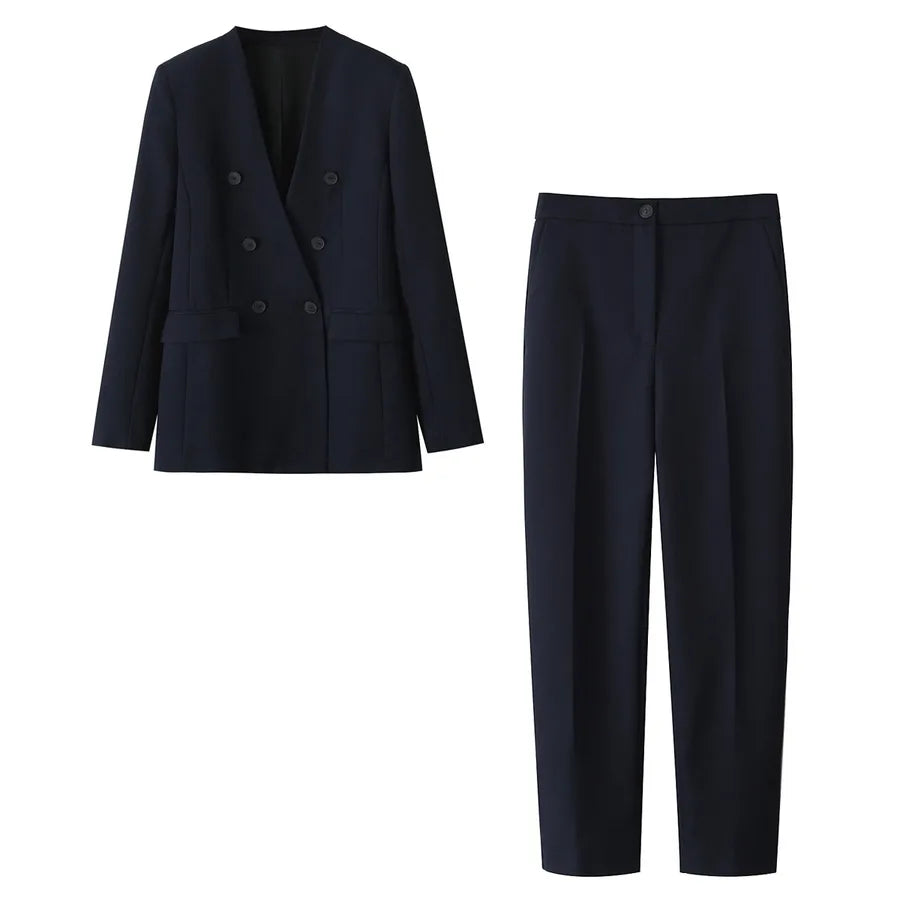 Women's No-Collar Blazer & Straight Pants Set