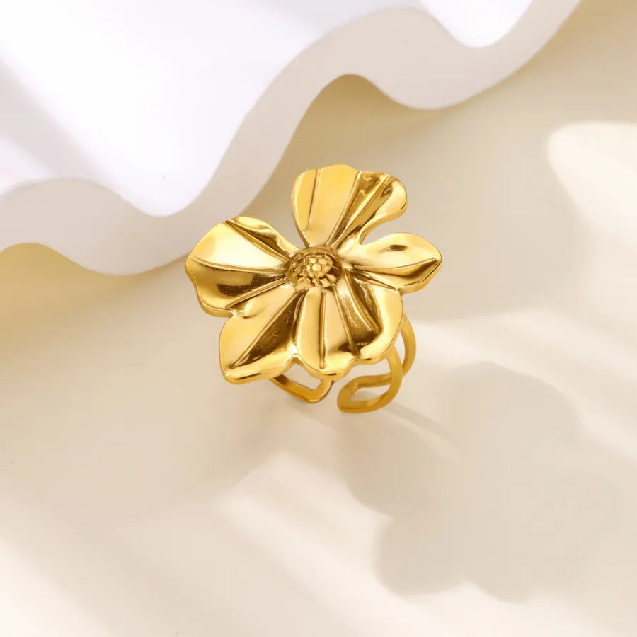 Boho Floral Open Ring in 18K Gold Plated Steel