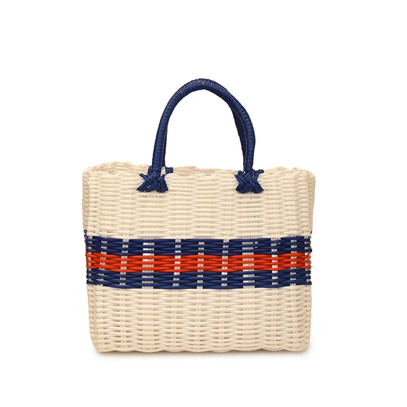 Color Block Straw Beach Tote – Large Bucket Bag White Small Size