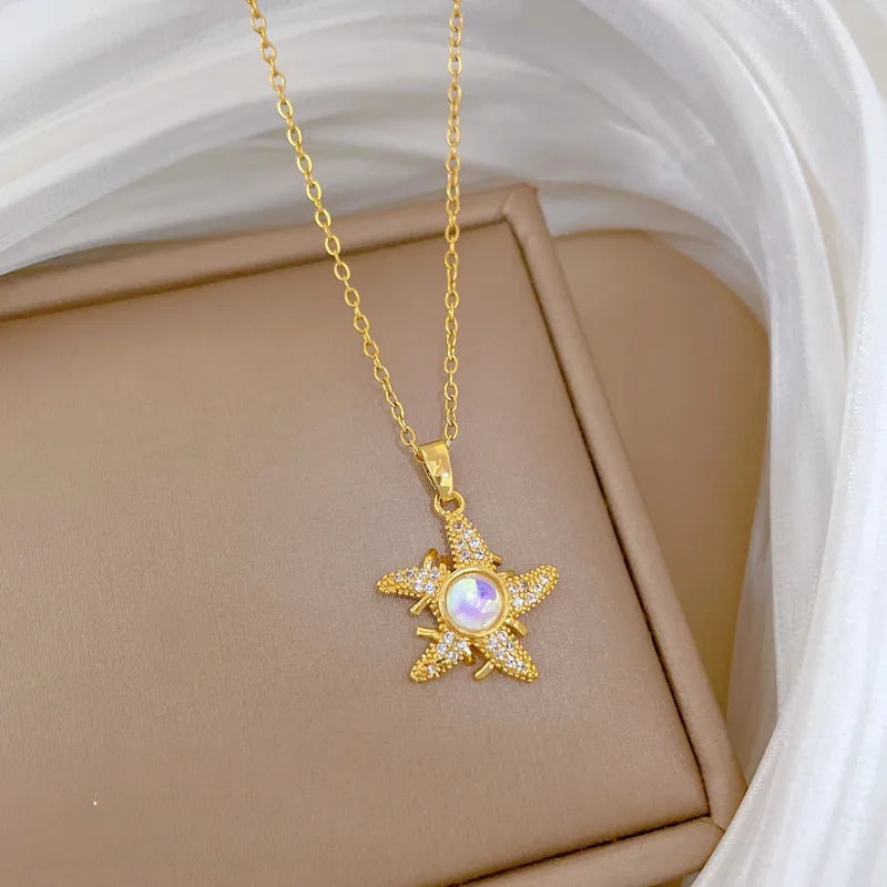 Gold Butterfly & Fish Choker Necklace G332 Titanium Steel Chain Copper Pendant