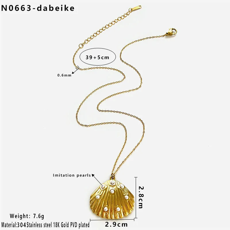 18K Gold Ocean Heart Flower Pendant Necklace Average Size Cross Chain Shell Necklace