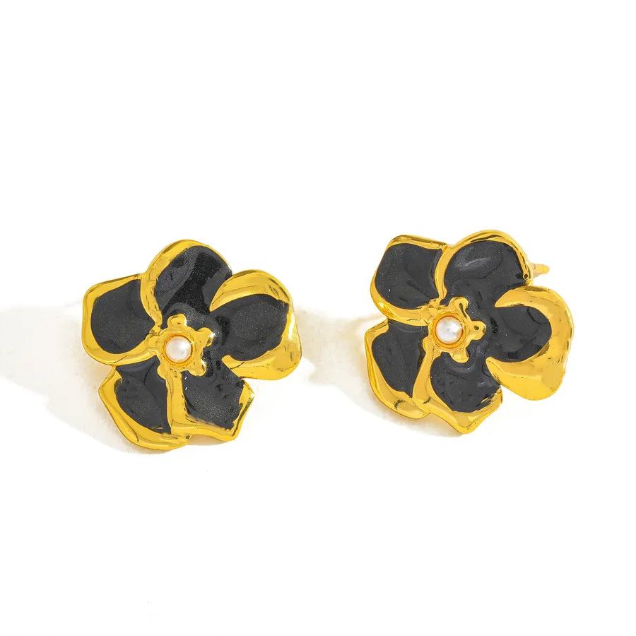 18K Gold Plated Pearl Flower Stud Earrings 20.35mm*17.32mm-black