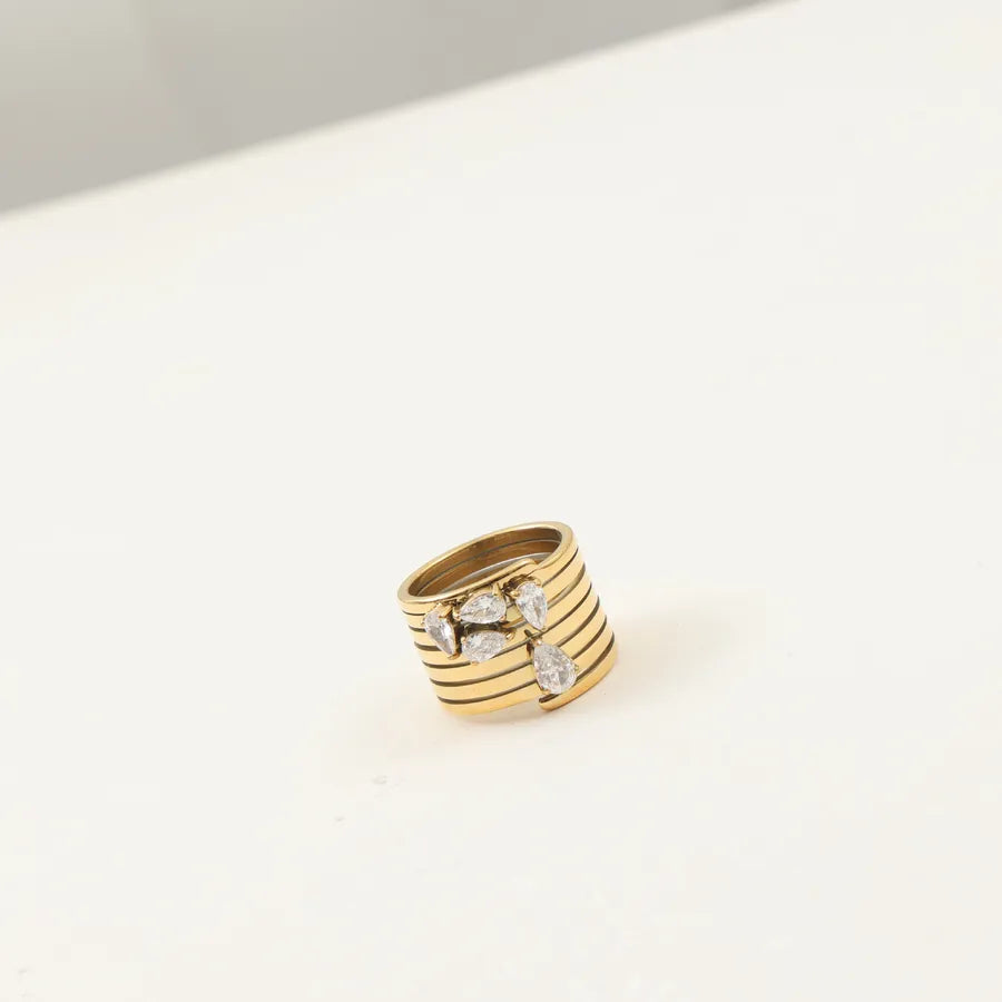 18K Gold Plated Water Drop Zircon Stainless Steel Ring Gold